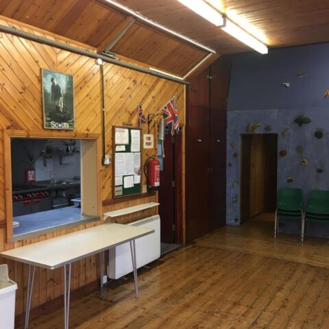 Serving hatch between the kitchen and main hall